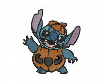 Stitch usando Jack-o-Latern Pumpkin Halloween Machine Embroidery Design File, Lilo y Stitch Halloween Embroidery, Descarga instantánea