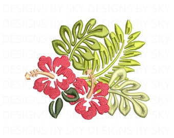 Hawaiian Hibiscus Flowers with Leaves Plants Arrangement Machine Embroidery Design File, Hibiscus Flowers Plant, Instant Download