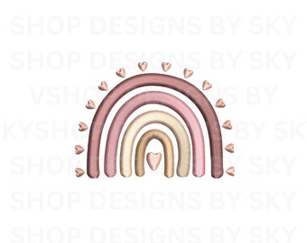 Archivo de diseño de bordado Boho Rainbow, arco iris con patrón de bordado de máquina de corazones, descarga instantánea, 3 tamaños