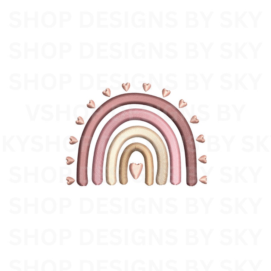 Archivo de diseño de bordado Boho Rainbow, arco iris con patrón de bordado de máquina de corazones, descarga instantánea, 3 tamaños