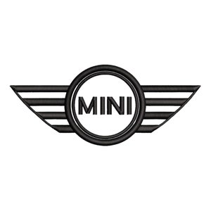 Puede incluir: Parche bordado en blanco y negro con el logotipo de MINI. El logotipo es un emblema circular con la palabra "MINI" en letras negras, rodeado por un anillo negro y flanqueado por alas estilizadas.