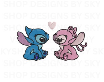 Archivo de diseño de bordado de máquina de puntada y ángel con corazón, Archivo de bordado de Lilo y Stitch, Puntada y ángel, Descarga instantánea, 4 tamaños