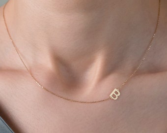 14K Solid Gold Sideways Necklace, Custom Initial Necklace, Personalised Jewellery, Letter Solid Gold Necklace, Christmas Gift, Birthday Gift