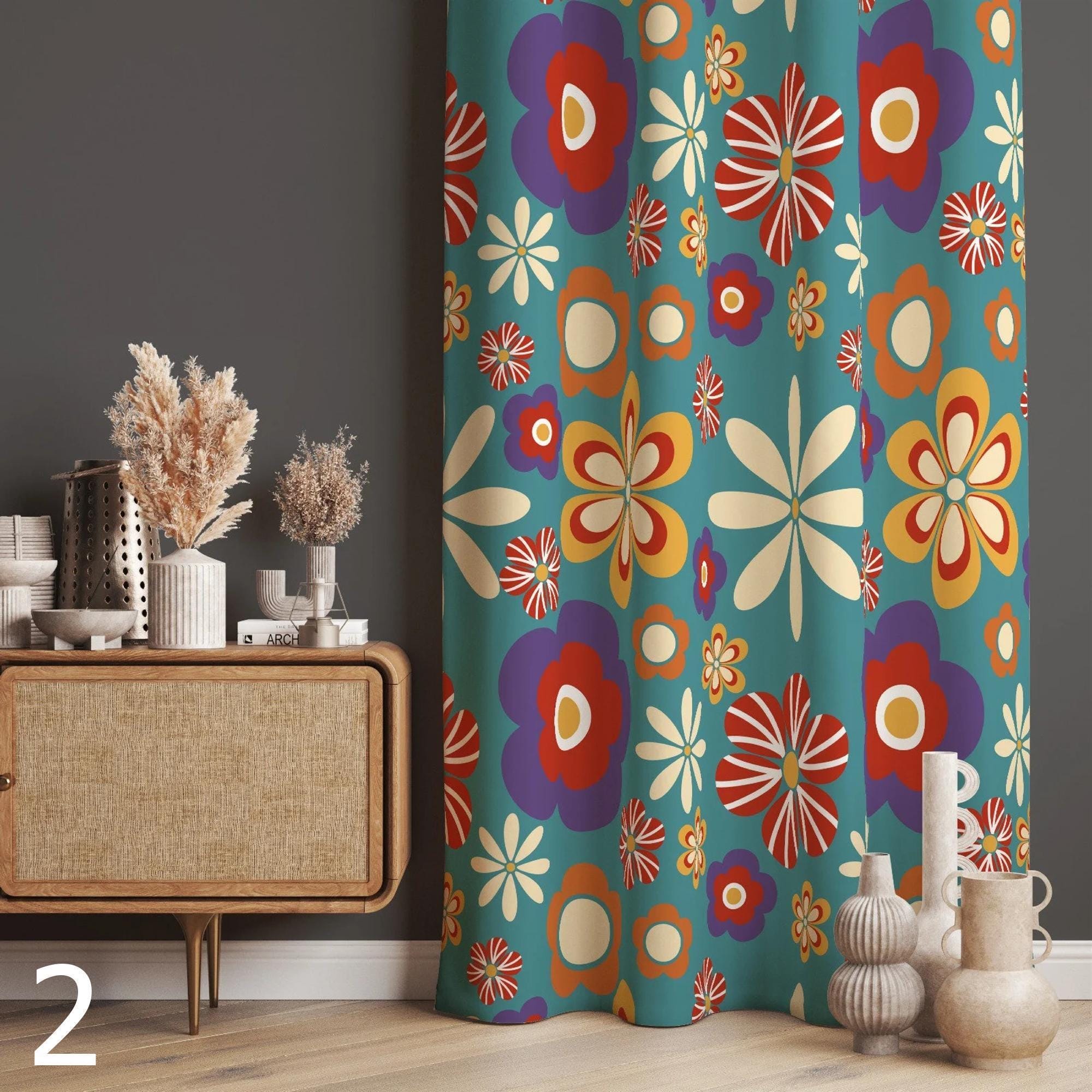 レトロな花柄カーテン、ミッドセンチュリーモダンフローラルカーテン