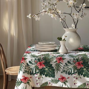 Botanical Flowers Rectangle Tablecloth, Tropic Floral Tablecloth, Floral Printed Tablecloth, Flowers Table Covers, Exotic Floral Tablecloth