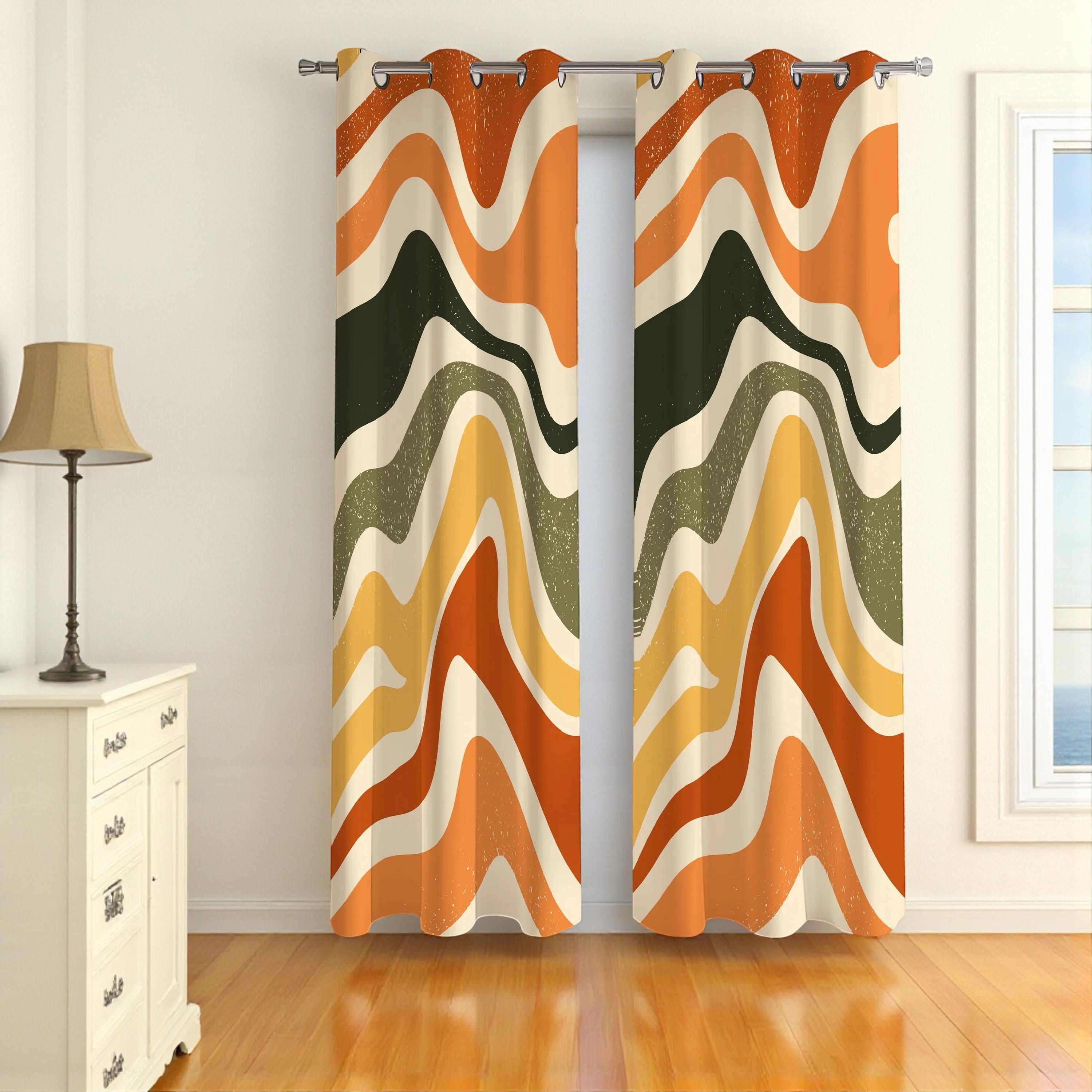 レトロカーテン、レトロなウェーブカーテンパネル、70年代ヒッピー