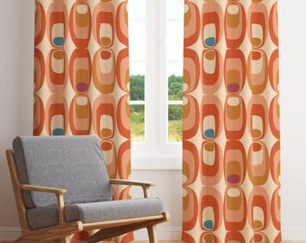 70年代風レトロプリントカーテン、レトロ幾何学模様カーテン、レトロ