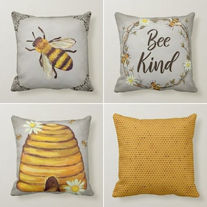 Bee Kind Pillow, Beehive Homes Pillow Case, Floral Bee Pillow Cover, Home Decor Pillow ,Throw Pillows, Sofa Pillows, Decorative Pillows