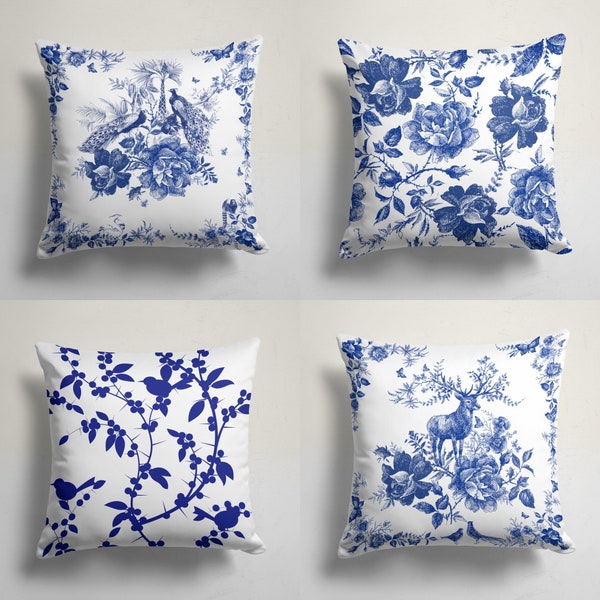 Floral Bird Pillow Case, Bird Pillow Cover, Decorative Blue Floral Cushion Case, Housewarming Blue Boho Pillow, Colorful Home Decor