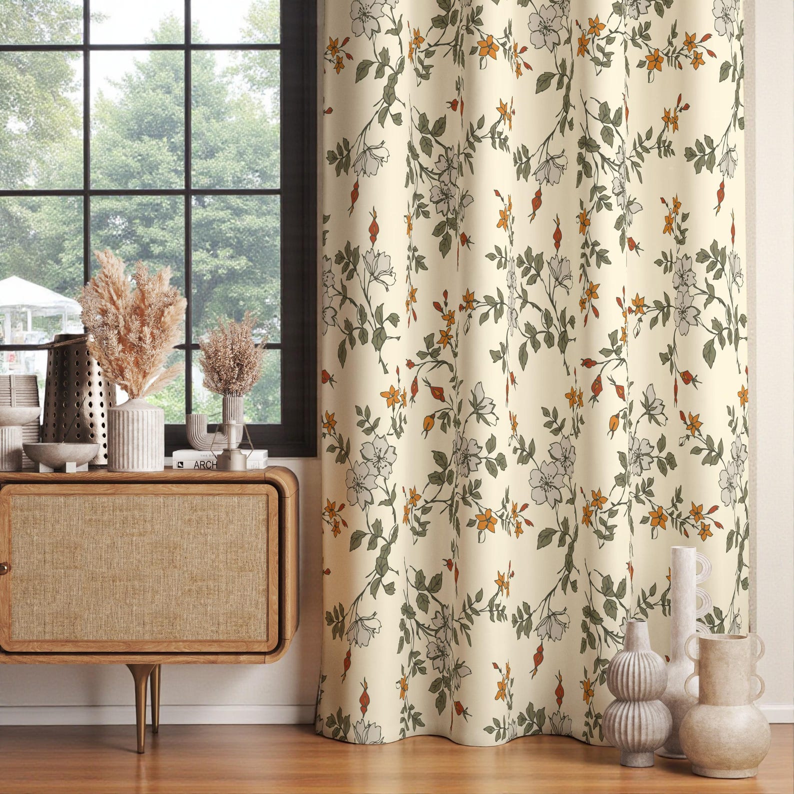Farmhouse Floral Curtain Panels, Flower Print Curtains, Modern Vintage