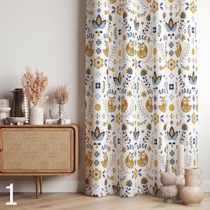Nordic Curtains, Scandinavian Floral Drapes, Scandi Curtain Panels, Folk Art Floral Curtain, Scandi Minimalist Panel Curtain
