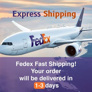 May include: A white FedEx airplane in flight against a sunset sky. The words "Express Shipping" are at the top, with "FedEx" and "Express" on the plane. Text at the bottom reads "Fedex Fast Shipping! Your order will be delivered in 1-3 days."