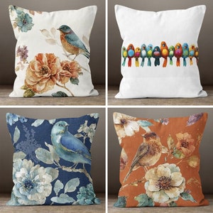 Floral Bird Pillow Case|Bird Pillow Cover, Decorative Floral Cushion Case, Housewarming Boho Pillow, Farmhouse Colorful Home Decor