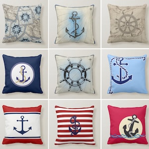 Navy Anchor Pillow Cover, Nautical Pattern Pillow Covers, Blue Decorative Yacht Cushions, Decorative Throw Bedding Pillow, Housewarming Gift
