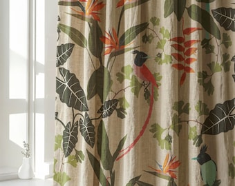 Tropic Flowers & Birds Linen Curtain Panel, Wildflowers Drapes