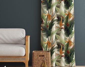 Cortina con estampado de aves del paraíso, cortina vintage con palmeras, cortina estampada con hojas verdes, cortinas con estampado de selva tropical, cortinas con estampado de plantas exóticas.
