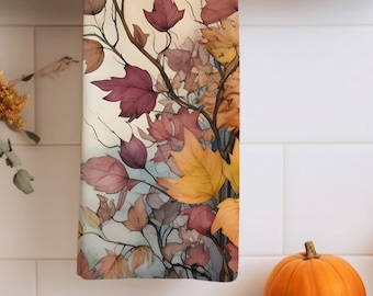 Fall Leaves Kitchen Towel, Maple Leaf Printed Dish Towel, Fall Berries Fingertip Towel