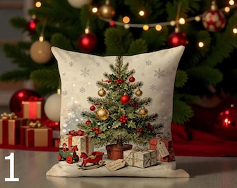 May include: A decorative Christmas pillow featuring a detailed illustration of a decorated Christmas tree with red and gold ornaments, holly, and gifts. The pillow has a neutral background with snowflakes and a vintage aesthetic.