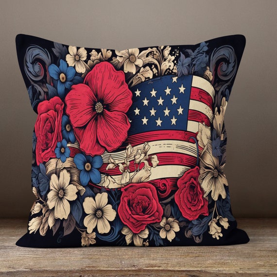4th of July Pillow Covers Patriotic Decor Pillowcase Red Blue Floral Throw Pillow Cover Independence Day Gift USA Flag Cushion Covers Etsy