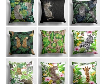 Animales africanos, funda de almohada de leopardo, bosques africanos, funda de almohada decorativa, fundas de almohada de hojas verdes