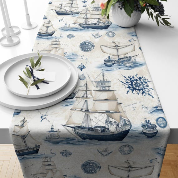 Maritime Tischläufer, Vintage Segelboot Tischläufer, Ocean Print Tischläufer, Maritime Tischläufer, Nautische Tischdecke
