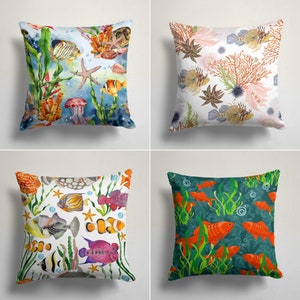 Sea Creatures Pillow Covers, Nautical Coral Pillowcase, Fish Starfish Ocean Home Decor, Aqua Pillow Cover, Coastal Throw Pillow Covers