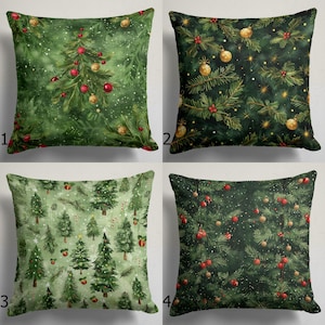 May include: A set of four square throw pillows featuring holiday-themed prints. The designs include green pine branches, decorated Christmas trees, red ornaments, gold baubles, and candy canes on various shades of green fabric backgrounds.
