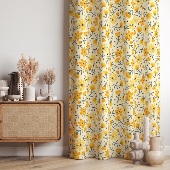 Blumenfenster Vorhang, Bauernhaus Gelb Wildblumen Vorhang Panels, Gelbe Blumen Print Vorhang, Blumen Vorhänge, Floral bedruckte Vorhänge