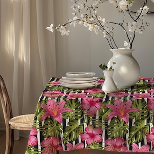 Botanical Flowers Rectangle Tablecloth, Tropic Floral Tablecloth, Floral Printed Tablecloth, Flowers Table Covers, Exotic Floral Tablecloth