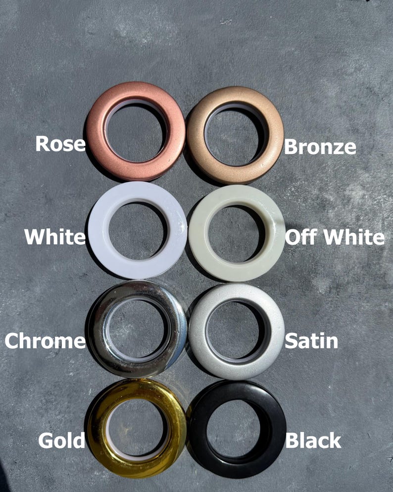 a collection of eight different colored ring shades, each labeled with its corresponding color name.
