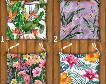 Tropical Floral Chair Cushion With Ties, Exotic Botanical Print Chair Pad
