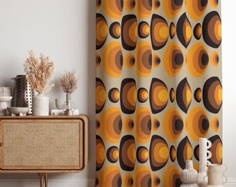 70年代の幾何学模様のカーテンパネル、オレンジのミッドセンチュリー