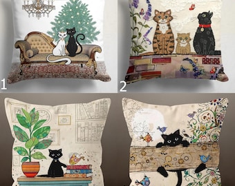 Whimsical Cat Pillow Covers, Cat Illustrations Cushion Cover, Cute Animal Pillow Case