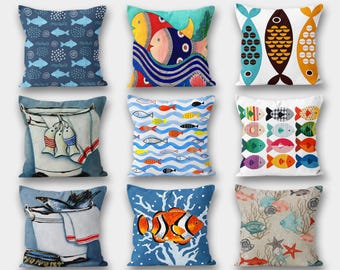 Fish Decorative Pillow Cover, Nautical Pattern Pillow Covers, Decorative Throw Bedding Pillow, Beach House Print Pillow, Housewarming Gift