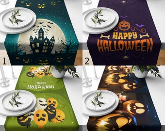 Camino de mesa de casa embrujada, camino de mesa de decoración para fiesta de Halloween, camino de mesa de calabazas aterradoras, camino de mesa de globos con caras aterradoras, camino de mesa de Halloween