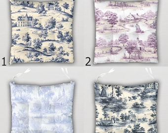 French Toile Style Chair Pad, Country Chair Cushion with Ties