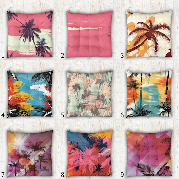Tropical Palm Chair Pads, Coastal Sunset Seat Cushions, Boho Beach