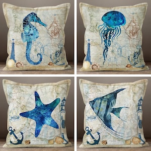 Nautical Pattern Pillow Covers, Blau Starfish Home Cover, Decorative Throw Bedding Pillow, Beach House Print Home Decor, Housewarming Gift