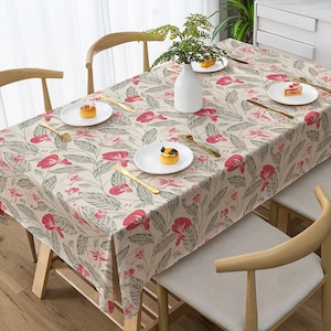 Floral Tablecloth, Pink Red Leaf Table Cover, Tropical Flower Print Tablecloth, Botanical Dining Decor Tablecloth, Elegant Flower Tablecloth