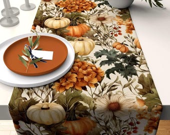 Thanksgiving Pumpkin Table Runner, Fall Thankful Table Runner, Fall Floral Table Runner