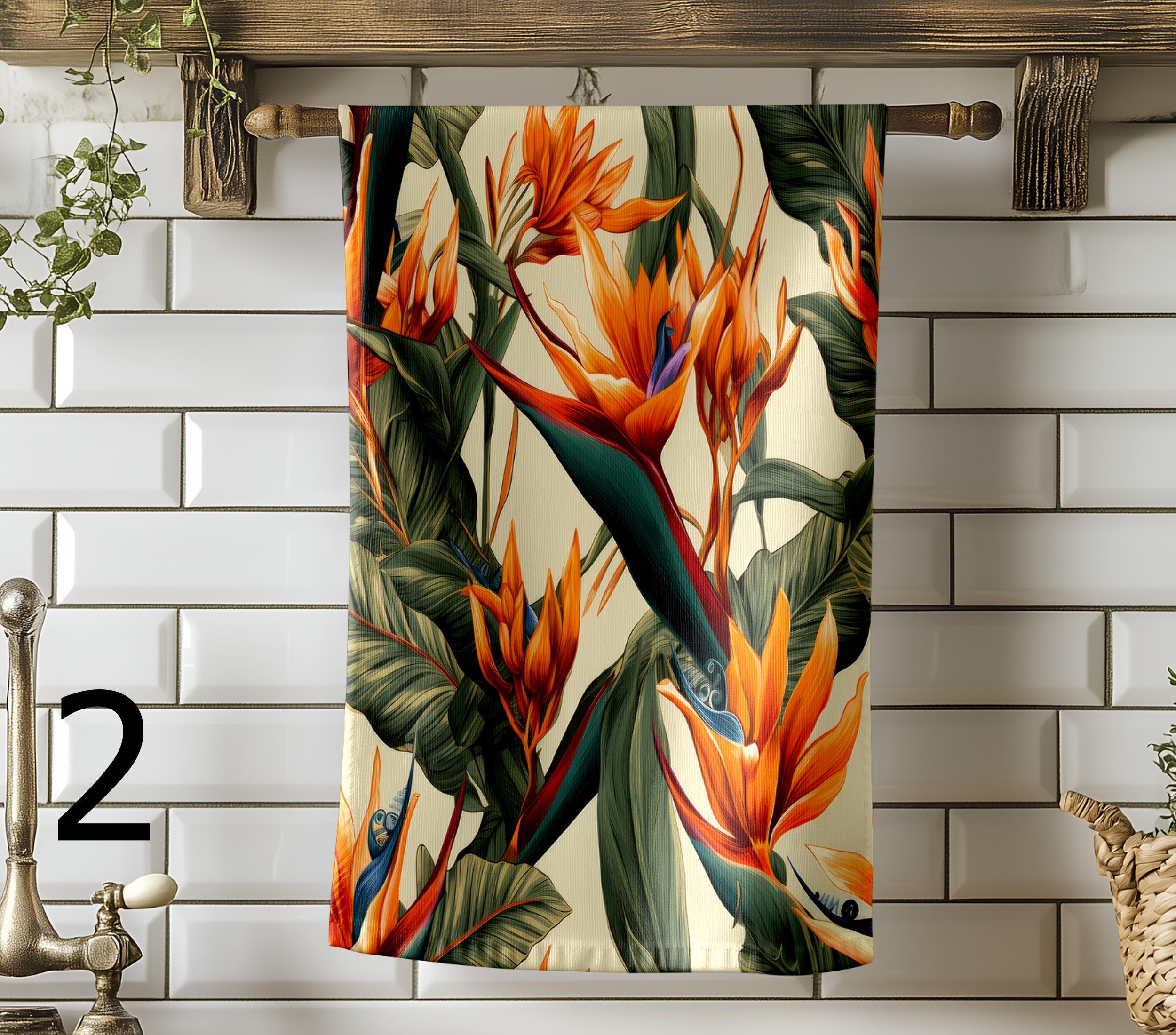 Exotic Flowers Dish Towels, Bird of Paradise Hand Towels, Colorful