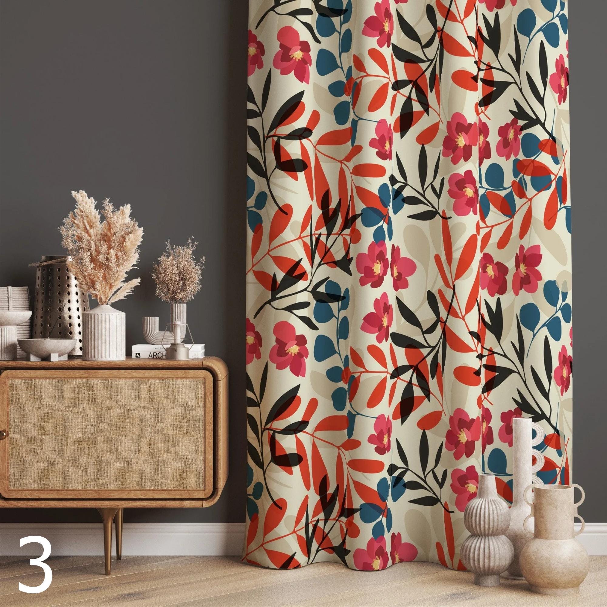 レトロな花柄カーテン、ミッドセンチュリーモダンフローラル