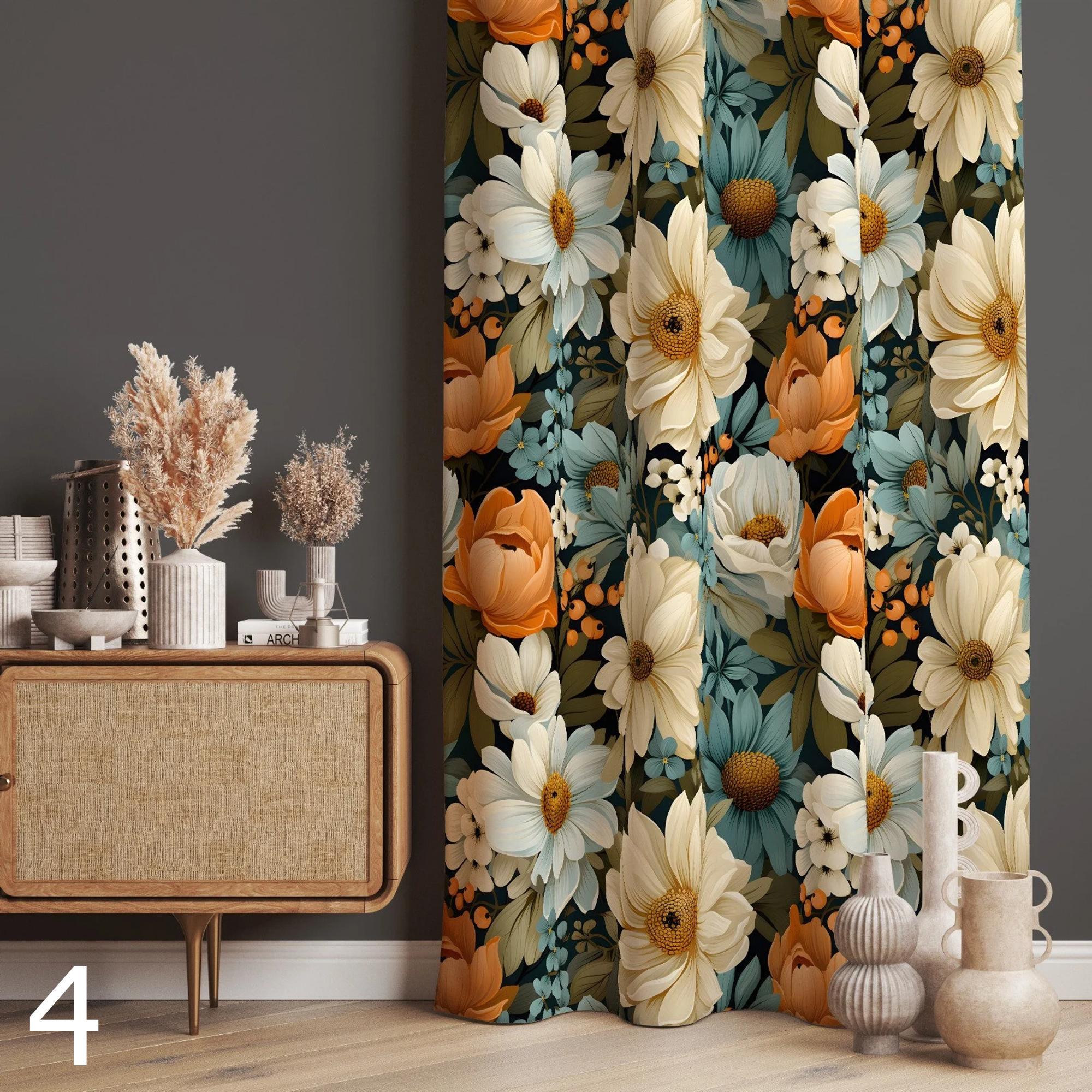 レトロな花柄カーテン、ミッドセンチュリーモダンフローラル