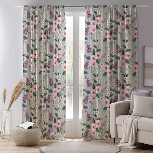 Floral Window Curtains, Farmhouse Floral Print Curtains, Floral Drapes, Floral Grommet Curtains, Pink Wildflowers Blackout Curtains