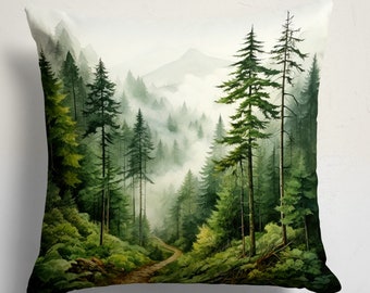 Foggy Forest Pine Throw Pillow Cover, Landscape Pine Pillow