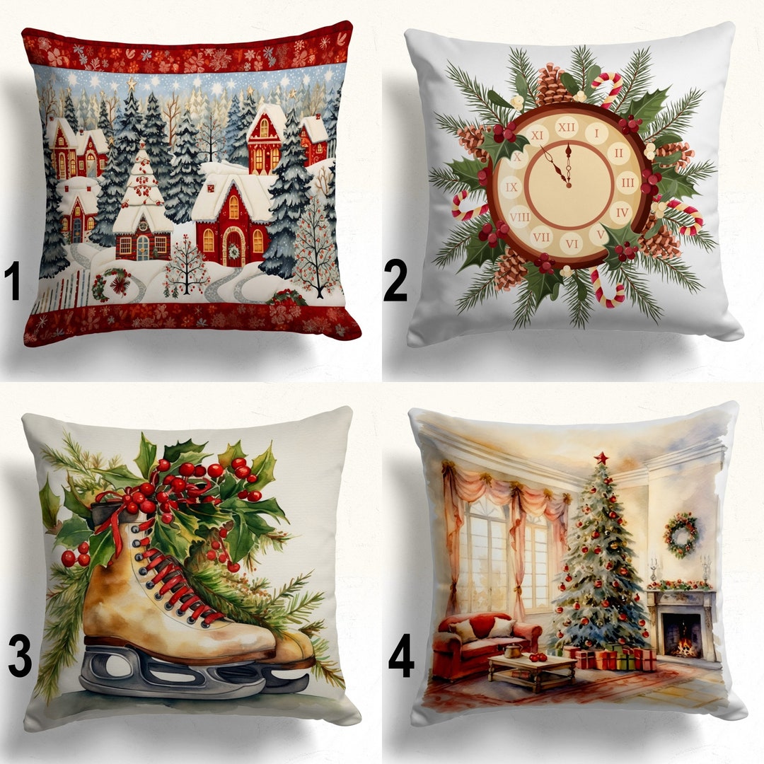 Xmas Winter Pillow Cover, Christmas Cushion Cover, Xmas Holly Throw