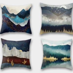 Landscape Mountain Pillow Cover, Abstract Landscape Pillow Case, Decorative Home Pillowcase, Housewarming Gift, Moon and lake Pillow Cover