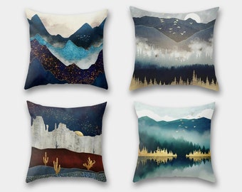 Landscape Mountain Pillow Cover, Abstract Landscape Pillow Case, Decorative Home Pillowcase, Housewarming Gift, Moon and lake Pillow Cover