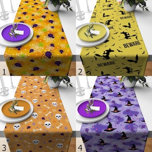 Halloween Funny Table Runners, Halloween Party Table Decor, Skull Table Runner, Colorful Spooky Table Runner, Black Cat Themed Runner
