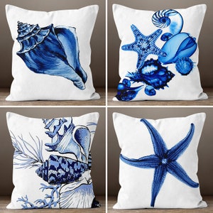 Nautical Pillow Case, Navy Marine Pillow Cover, Decorative Nautical Cushions, Coastal Throw Pillow,Blue Starfish Home Decor,Beach Housedecor